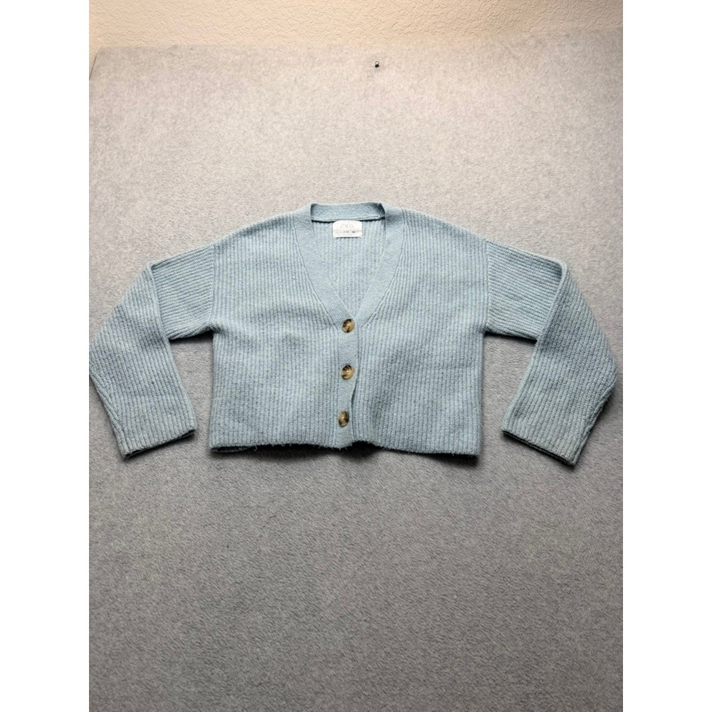 Zara Kids Light Blue Ribbed Knit Cropped Cardigan Sweater Size 11-12 152cm